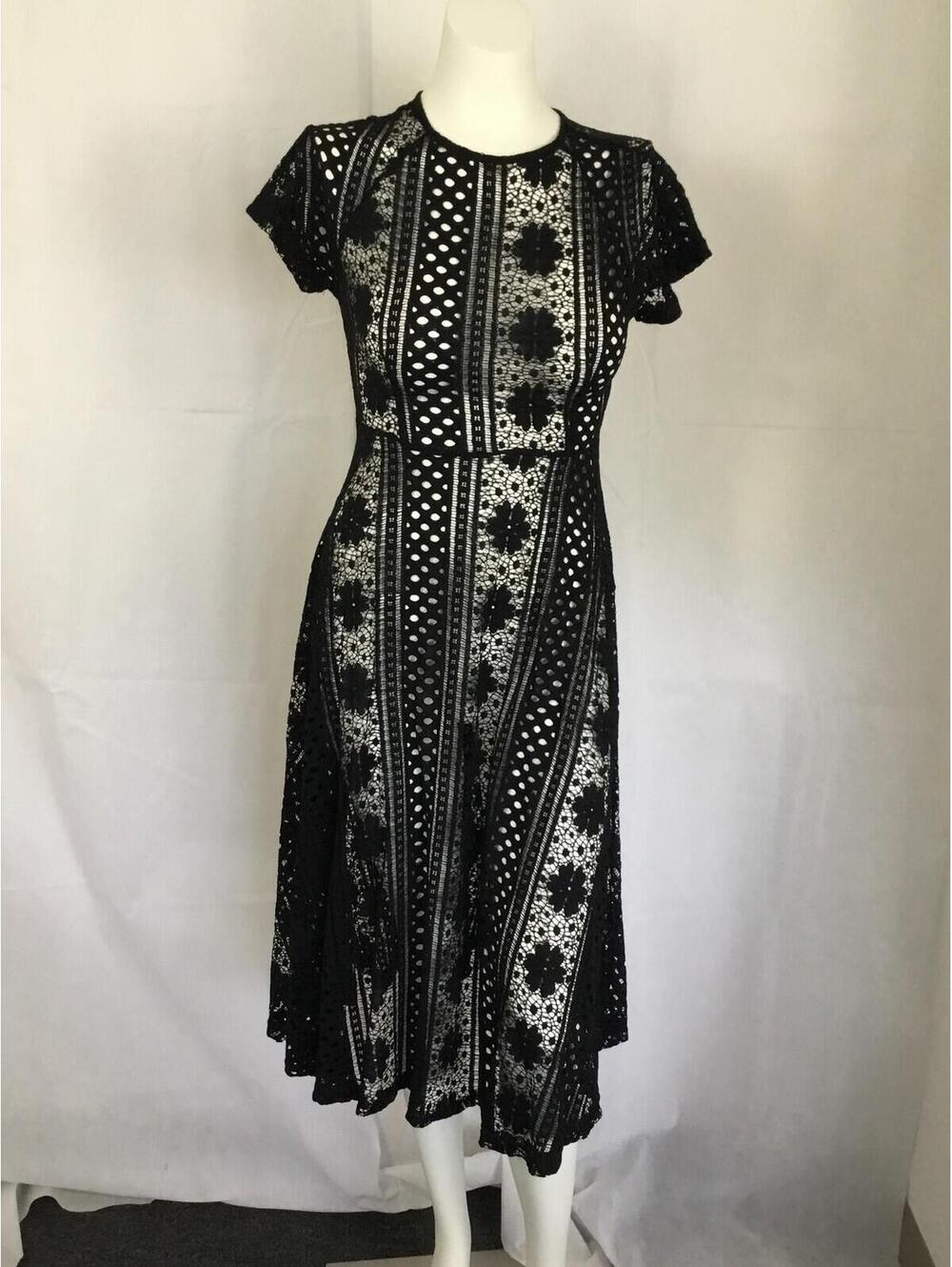 [388] Forever 21 Dress Womens S Black Lace Floral Fit & Flare Midi Party Wedding